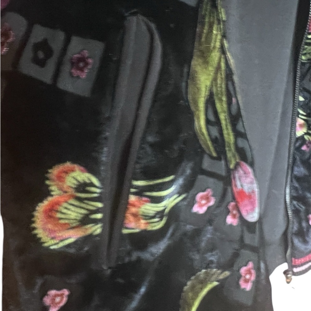 Black and Pink Floral Bomber Jacket Velvet Finish - Picture 3 of 5